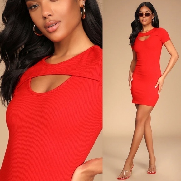 NWT Lulus Beyond Basics Ribbed Cutout Bodycon‎ Mini Dress in Bright Red Size S - Picture 1 of 9
